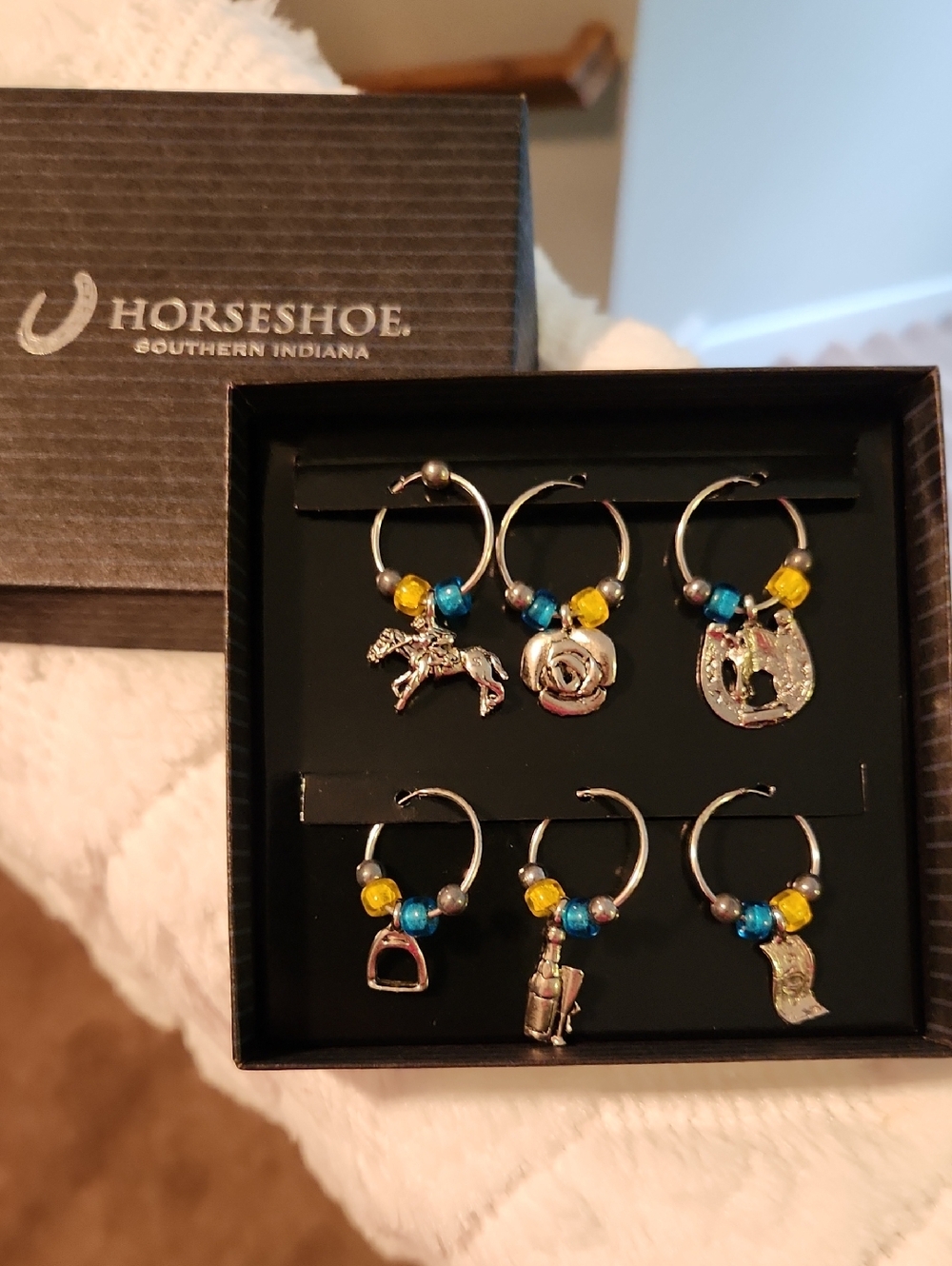 Horse Racing Wine Glass Charms Markers - Blue & Yellow
